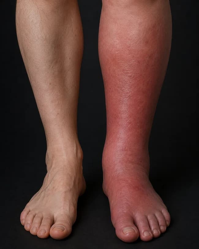 Lower leg swelling and color change associated with complex regional pain syndrome.