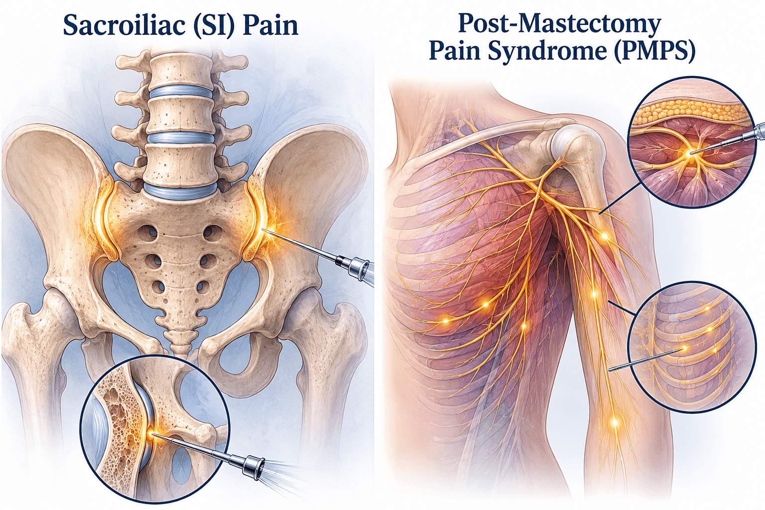 Medical illustration showing nerve-related pain patterns in the chest wall and upper arm after breast surgery.