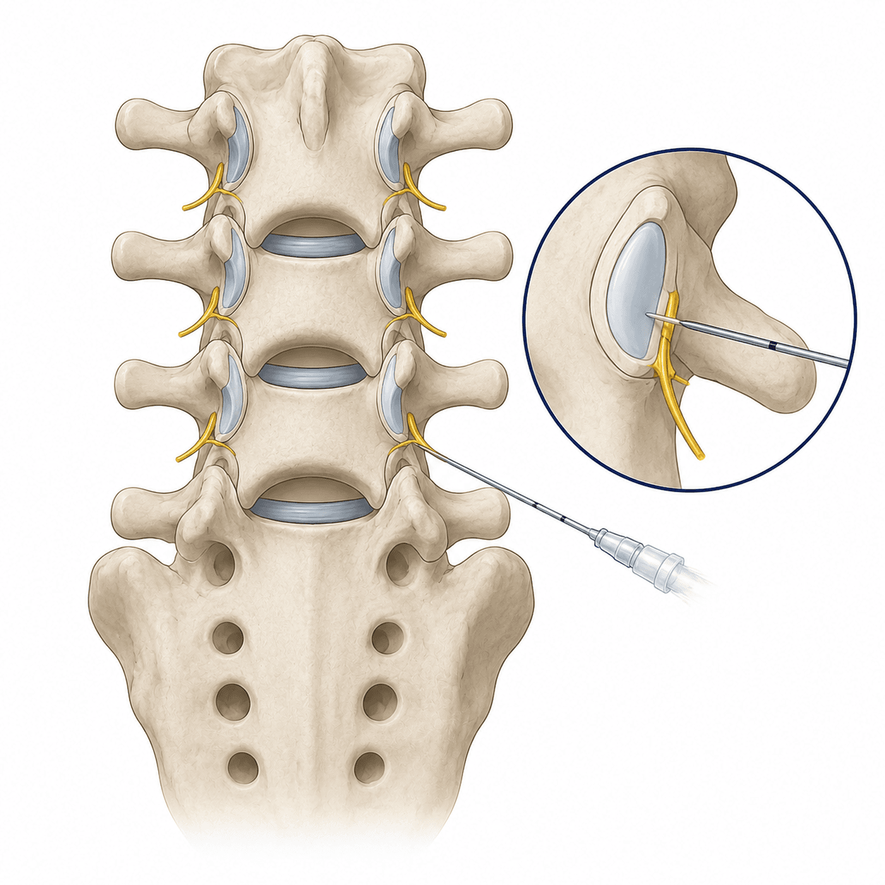 Simplified medical illustration of lumbar facet joints, medial branch nerves, and needle approach for facet joint injection or medial branch block.