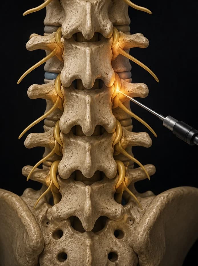 Radiofrequency ablation of lumbar medial branch nerves medical illustration.