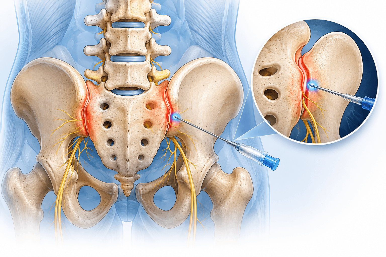 Medical illustration of the sacroiliac joint and needle approach for sacroiliac joint injection.