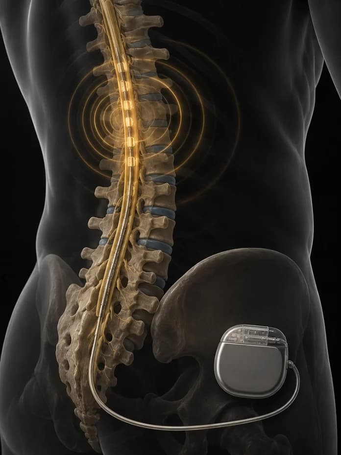 Spinal cord stimulation lead placement medical illustration.