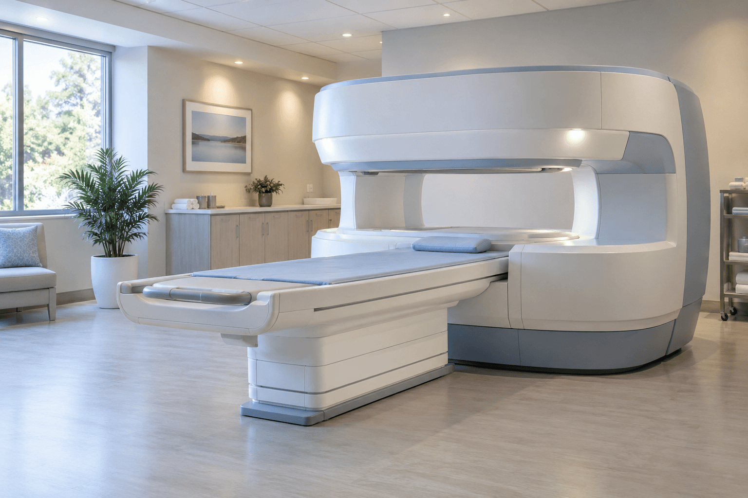 Illustrative view of an open MRI scanner with broad open sides around the table