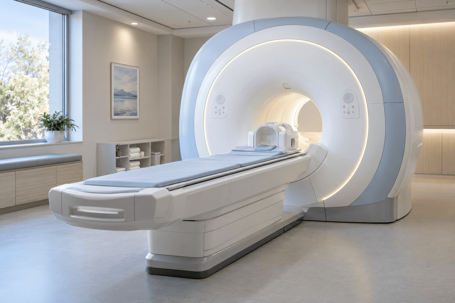 Illustrative view of a standard cylindrical MRI scanner with a sliding table