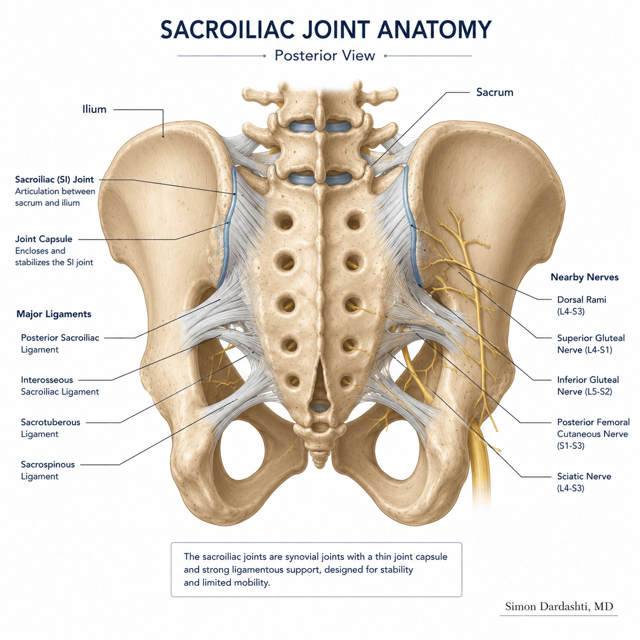 Sacroiliac joint anatomy showing bilateral sacroiliac joints connecting the sacrum to the iliac bones of the pelvis with ligamentous support and joint surfaces