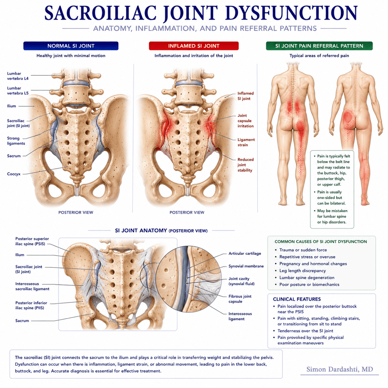 Sacroiliac joint dysfunction showing inflammation, joint instability, and degenerative changes with surrounding muscular dysfunction