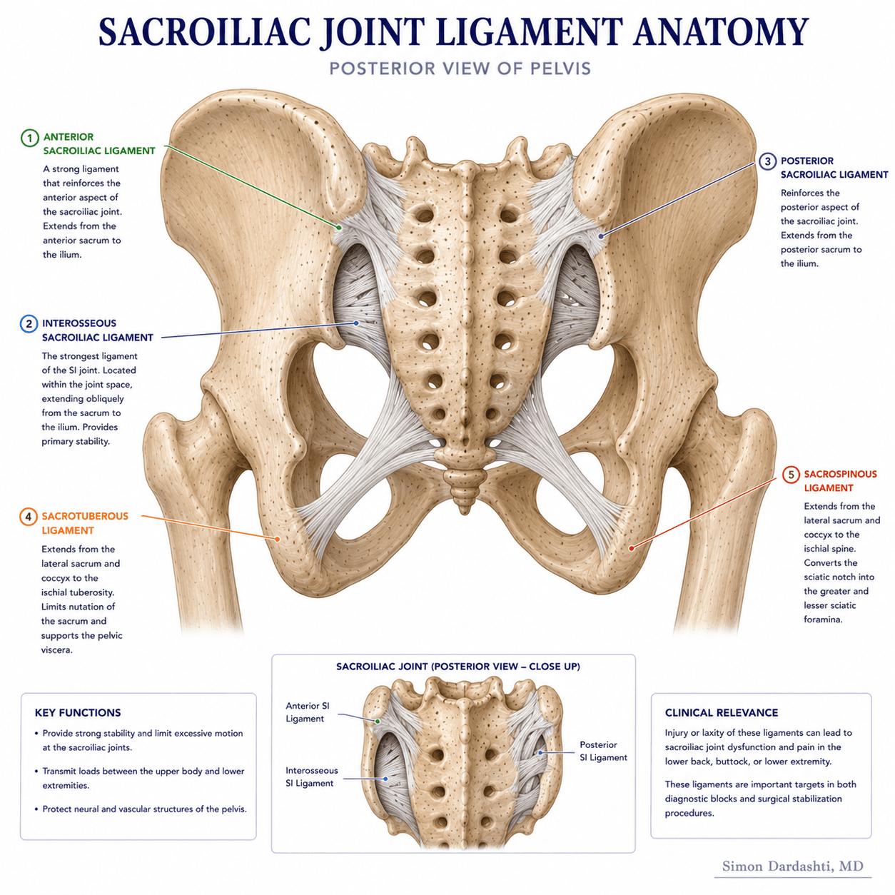 Sacroiliac ligament anatomy showing anterior sacroiliac ligament, posterior sacroiliac ligament, interosseous ligament, and sacrotuberous and sacrospinous ligaments
