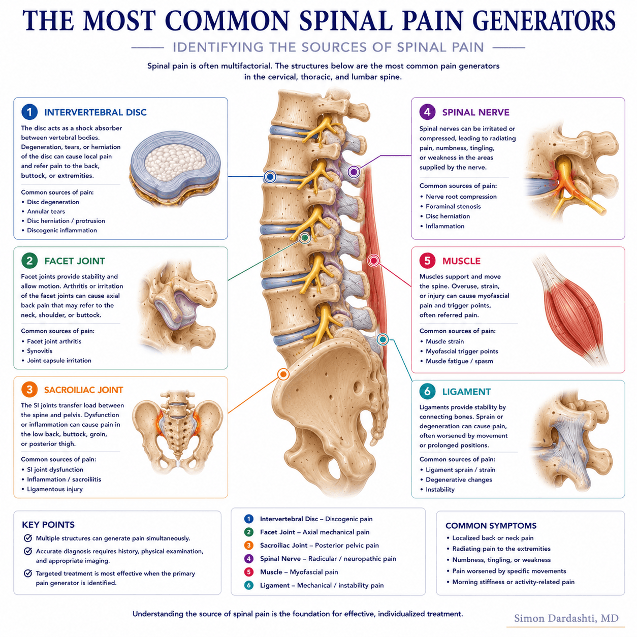 Multiple structures of the spine can cause pain including discs, facet joints, sacroiliac joints, muscles, and nerve roots