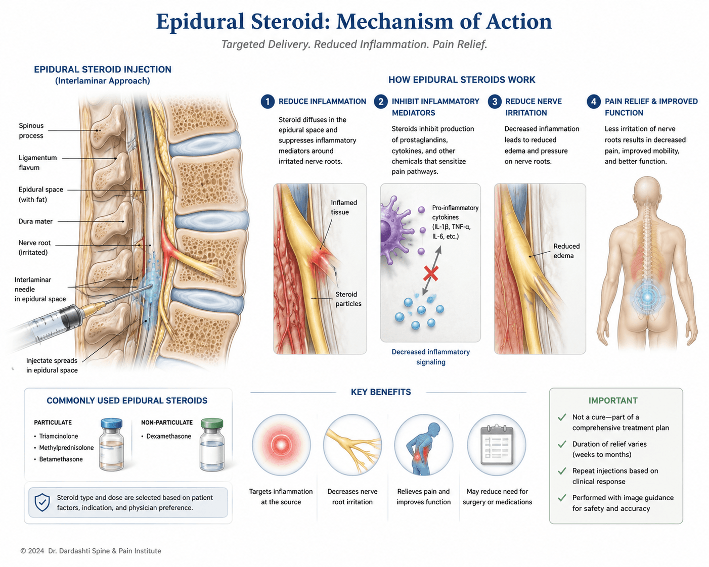 Epidural steroid injection showing needle placement in epidural space, steroid delivery around nerve roots, and inflammation reduction mechanism in lumbar and cervical spine