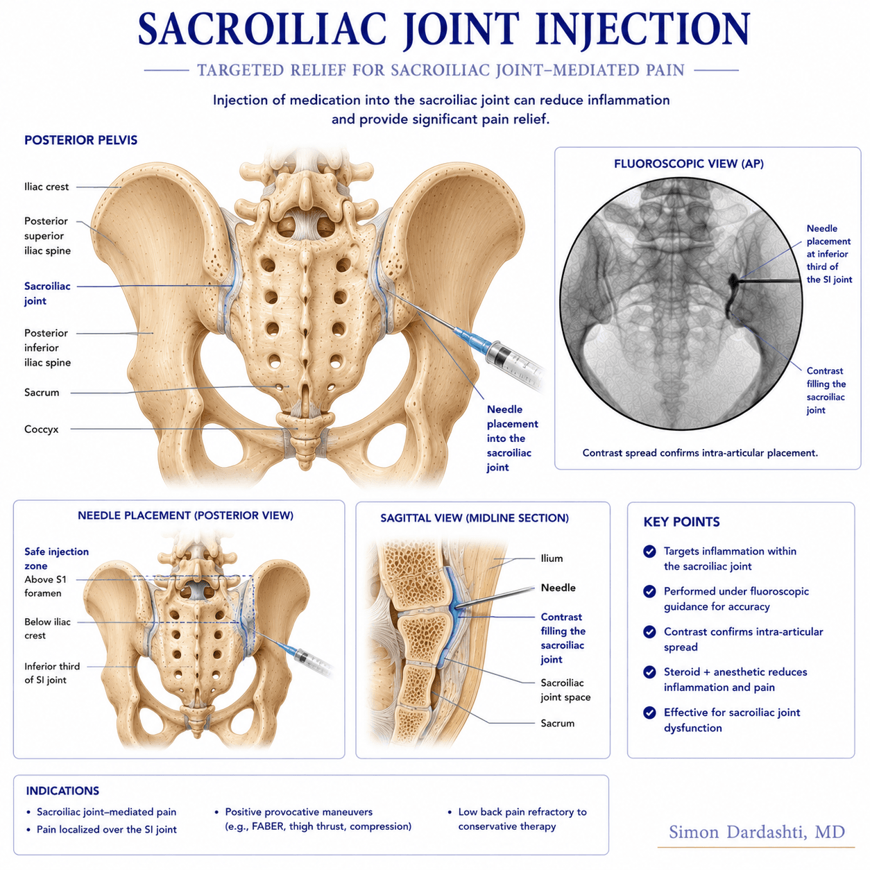 Sacroiliac joint injection showing needle placement into SI joint space, steroid and anesthetic delivery, and inflammation reduction at the joint
