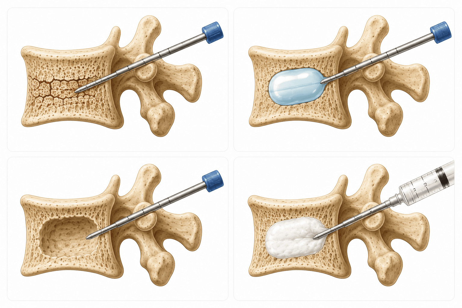 Medical illustration showing a four-step kyphoplasty sequence for a vertebral compression fracture.