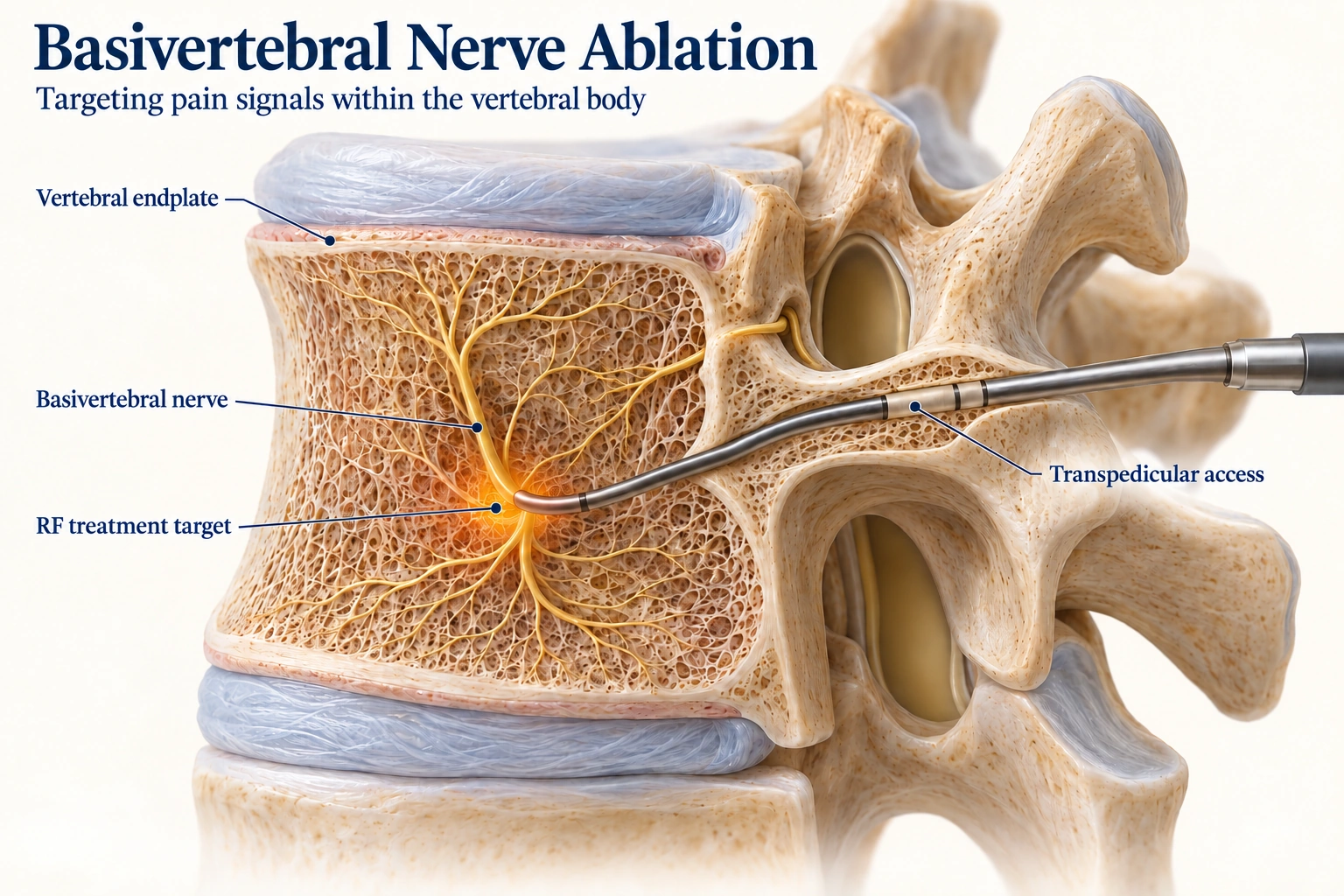 Educational cutaway illustration of the vertebral endplate, basivertebral nerve, and RF treatment target, alongside a labeled conceptual instrument path.
