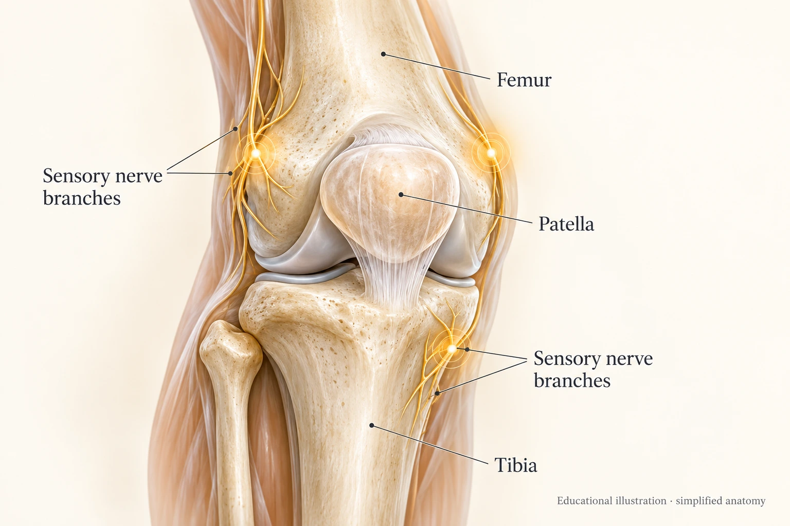 Conceptual front view of a knee with the femur, patella, tibia, and sensory nerve branches labeled. Highlighted regions lie around the knee rather than inside the joint.
